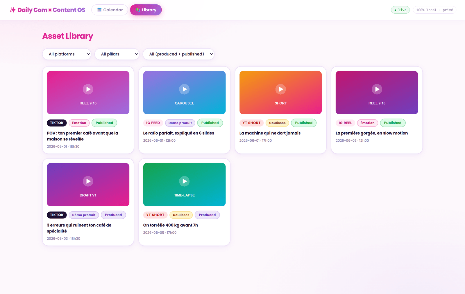 Bibliothèque d'assets filtrables avec previews — tous les contenus produits et publiés