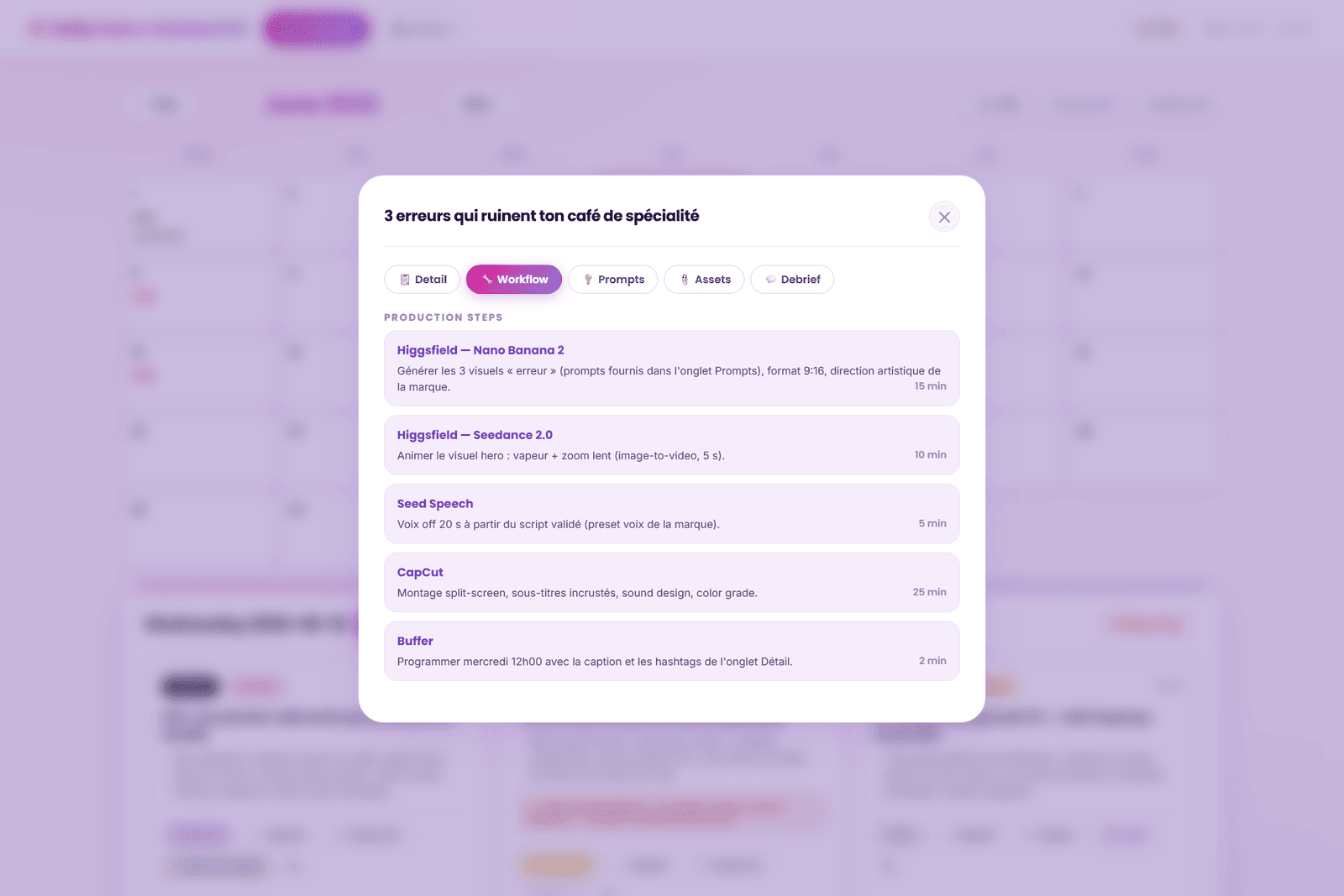 Workflow de réalisation étape par étape avec outils, actions et durées estimées