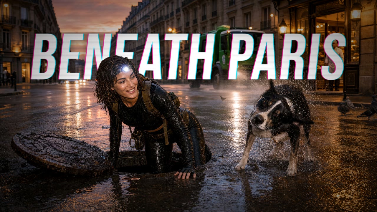 Showreel PutaclicAI : Beneath Paris, Natalie et son chien ressortent des catacombes à l'aube